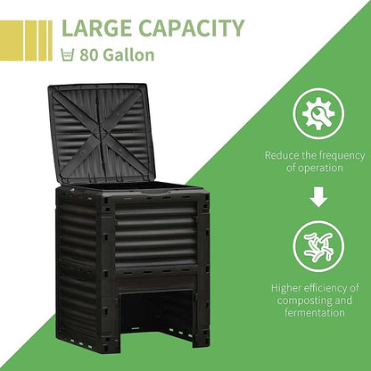 Compost Bin Outdoor 80 Gallon Garden Composter, with 48 Vents and Sliding Doors, Lightweight Outdoor Compost Box for Garden, Kitchen, and Yard Waste, Black