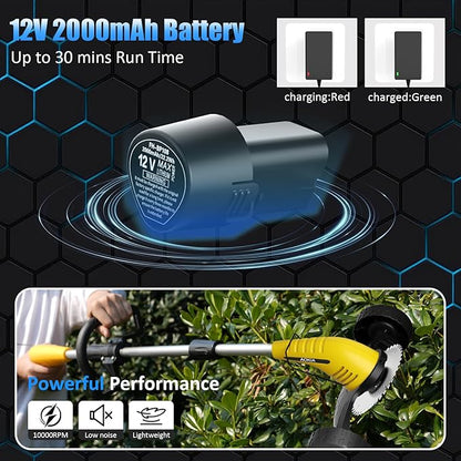 Electric Weed Wacker Cordless： String Trimmer with Roller 2Types Blades - 2.0Ah 12V Battery Powered Lightweight Grass Cutter/Mower for Yard and Garden, Yellow