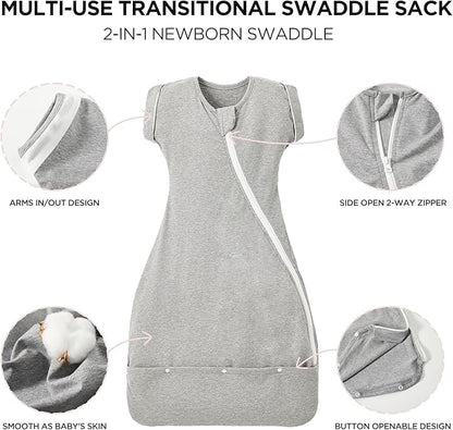 Duomiaomiao 2 Pack Baby Transition Swaddle Blanket, Snap Arms Up Baby Sleep Sack for All Seasons, 100% Cotton Baby Essentials for Newborn Boys Girls 0-6 Months, Gray & Dinosaurs