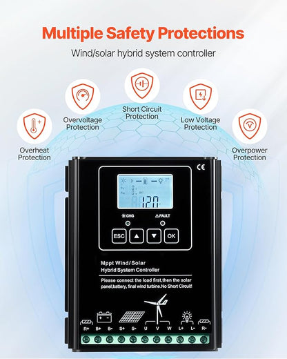 VEVOR 12V 600W Solar Wind Power Kit, 2PCS 100W Solar Panel + 400W Wind Turbine + 12.8V 100Ah LiFePO4 Battery + 1000W Power Inverter + MPPT Hybrid Controller for Home RV Boat Off-Grid Applications
