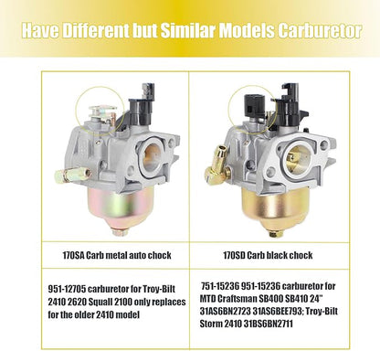 Huayi 951-12705 Carburetor 170SA for Troy-Bilt Storm 2410 2620 179cc, Squall 2100 Snowthrower; For MTD Cub Cadet Yard Machines Lawn Mowers 165-SU 165-SUA 165-SUB 265-SU 365-SUA 365-SUB Engine Model