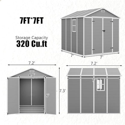 Outdoor Shed 5x3/6x4/7x7/8x6/8x10/8x12 FT, 15MM Thick PP Resin Plastic Shed with Lockable Door & Floor - Waterproof Plastic Tool Shed for Bike, Garbage Can, Backyard, Patio ﻿ ﻿ (Grey, 7x7FT)