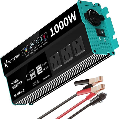 Power Inverters 1000W 12V DC to 110V AC Converter for Vehicles USB-C/PD 25 Watts Fast Charging Ports Car Charger Adapter with a Cigarette Lighter Ports Plug Outlet