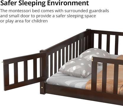 i-POOK Queen Floor Bed for Children, Sturdy Wood Montessori Bed Frame with Wood Slats, High Fence & Small Door for Girls and Boys, Espresso (with Bed Slats)