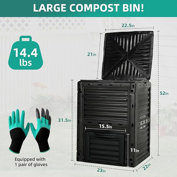 Compost Bin Outdoor 80 Gallon (300L) Large Compost Bin Composter with w/Top Flip Latch-on Lid BPA-Free Composter Barrel for Garden, Kitchen, and Yard Waste, Black, Easy Assembly