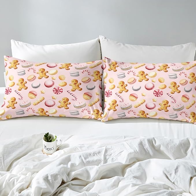 Feelyou Christmas Duvet Cover King Size Cute Christmas Gingerbread Man Comforter Cover for Boys Girls Xmas Sweet Macarons Bedding Set 3Pcs Reversible Pink Room Decor