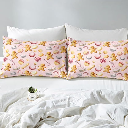 Feelyou Christmas Duvet Cover King Size Cute Christmas Gingerbread Man Comforter Cover for Boys Girls Xmas Sweet Macarons Bedding Set 3Pcs Reversible Pink Room Decor