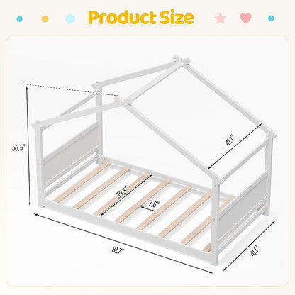 Twin House Bed, Montessori Floor Bed with Headboard & Footboard, Solid Wood Bed Frame for Toddlers Teens Bedroom, No Box Spring Needed, White