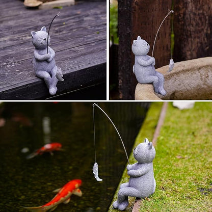 Goodeco Fishing Cat Garden Statue – 10" Little Cat Fisher for Garden Pond Decor, Poolside Statue with Glow in Dark Pebbles Included,Great Gifts for Mom, Women & Birthdays (Cat)