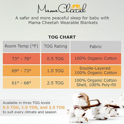 Mama Cheetah Toddler Sleep Sack with Feet 4T-5T, 0.5 TOG Organic Cotton Baby Wearable Blankets with Legs, Baby Sleeping Bag for Walkers, Early Walker X-Large
