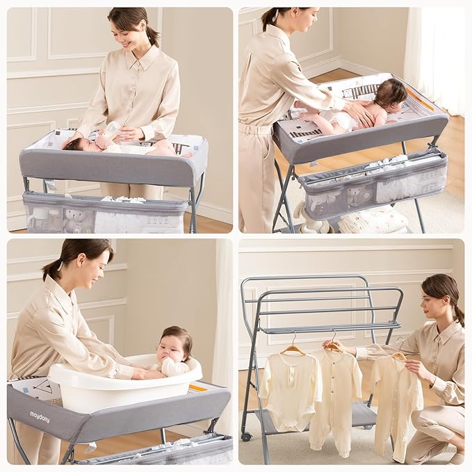 Baby Changing Table with Wheels, Maydolly Portable Adjustable Height Folding Diaper Station with Nursery Organizer & Storage Rack for Newborn Baby and Infant (Light Grey)