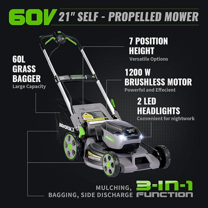 60V Self-Propelled Lawn Mower 21-Inch, Brushless Cordless Mower for Large Yards, Electric with LED Headlight, 2X5.0Ah Batteries & Rapid Charger