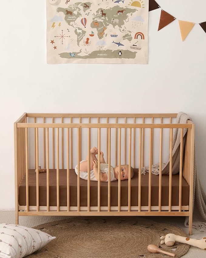 Blissful Diary Muslin Crib Sheets for Girl Boy, Boho Neutral Soft Cotton Baby Sheet for 52''x28'' Standard Crib Mattress, 2 Pack(Sunshine&Brown)