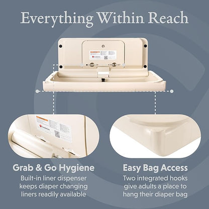 Foundations Ultra Horizontal Wall Mounted Baby Diaper Changing Station, Oversized Changing Surface, Plastic w/Heavy Duty Stainless Steel Hinge - Cream (200-EH-08)