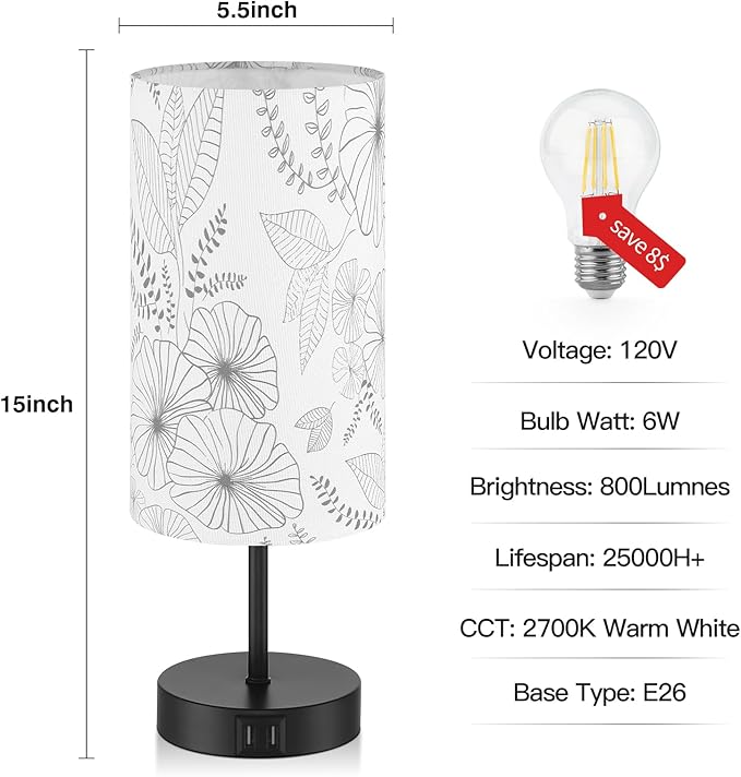 Bedside Touch Lamp with 2 USB Ports, Modern 3 Way Dimmable Small Lamp with