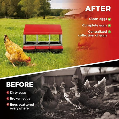 Chicken Nesting Boxes, Metal Rollaway Chicken Nest Box with Rollout Egg Collection, Removable Tray & Nesting Pads, Egg Laying Box for Chicken Coop Hens, Wall Mount or Standing, 3 Compartments, Red