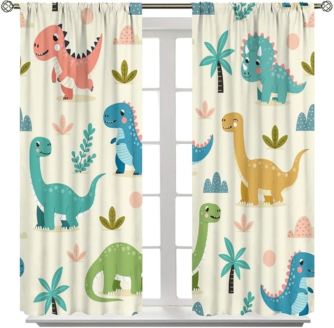 Fun Dino Curtains, Cute Colorful Dinosaur Pattern Blackout Window Treatments, Rod Pocket Thermal Insulated Drapes 2 Panel Sets for Children Boys Bedroom Nursery Classroom, 42" W X 54" L