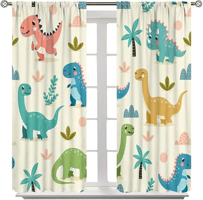 Fun Dino Curtains, Cute Colorful Dinosaur Pattern Blackout Window Treatments, Rod Pocket Thermal Insulated Drapes 2 Panel Sets for Children Boys Bedroom Nursery Classroom, 42" W X 54" L