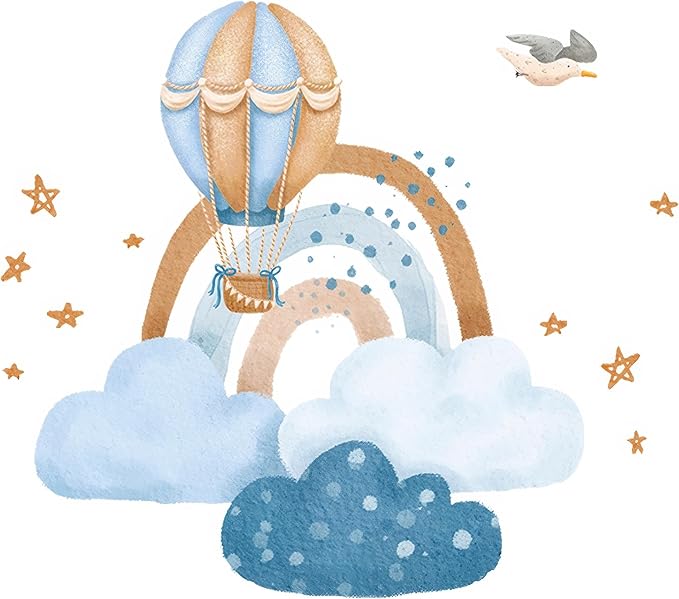 Hot Air Balloon & Clouds Wall Decals - Peel and Stick Watercolor Rainbow Stars Bird Wall Stickers, Decor for Baby Nursery, Toddler & Kids Bedroom Walls