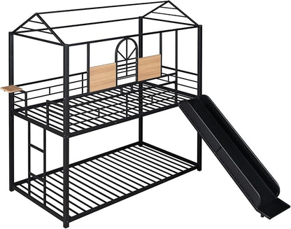 MERITLINE Metal Bunk Bed Twin Over Twin Bunk Bed Frame with Slide,Twin Over House Bed with Guardrails