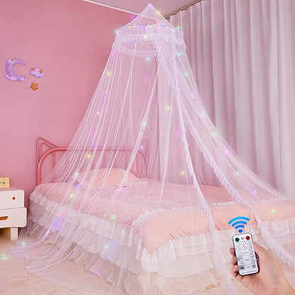 Beinou Bed Canopy for Girls with Timer Remote Canopy Bed with Lights Breathable Net Canopy for Bed Kids Girls Room Decor,White