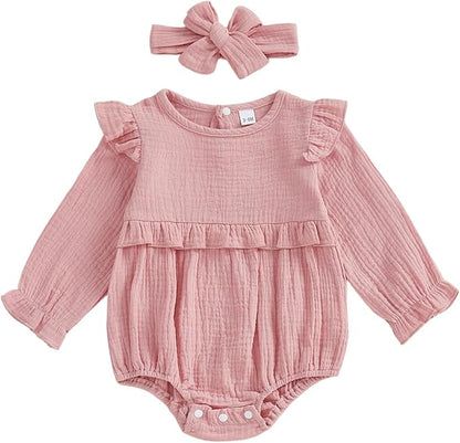 Newborn Infant Baby Girl Clothes Cotton Linen Long Sleeve Smocked Bubble Romper Ruffle Bodysuit Jumpsuit Fall Outfit