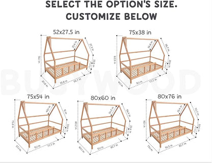 BUSY WOOD Montessori Bed for Toddlers - Cozy House Bed for Kids - Wooden Loft Toddler Bed Frame - House Bed Frame - Montessori Bed with Rails - Toddler Bedroom Furniture (Model 1, Legs and Slats)