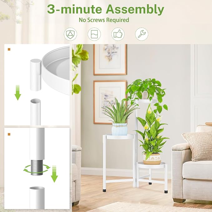 iDavosic.ly Plant Stand Indoor Outdoor, 3 Tier Corner Metal Flower Display Holder Shelf, Folding Tall Orchid Rack for Patio Balcony Porch Garden Living Room House, White