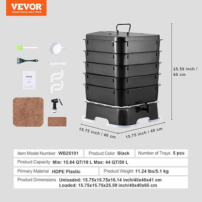 VEVOR 5-Tray Composter, 50L Worm Compost Bin - Indoor/Outdoor Worm Farm Kit for Food Waste Recycling, Vermicomposting & Vermiculture