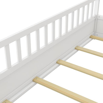 Bellemave Twin Floor Bed with Slats and High Fence, Twin Size Montessori Floor Beds with Door, No Box Spring Needed, Easy Assemble Montessori Bed Frame(White Twin)