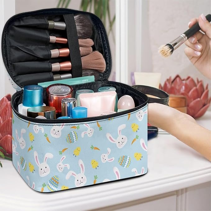 Rabbit Chicken Easter Eggs Carrot Print Travel Makeup Bags for Women Portable Tote Cosmetic Case with Carry Handle Toiletry Accessories Storage Organizer Bags Blue