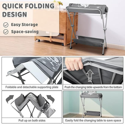Baby Changing Table, Portable Folding Diaper Changing Station with Wheels, Adjustable Height Nursery Organizer with Safety Belt & Storage Basket & Hanging Rack for Newborn Baby and Infant (Gray)