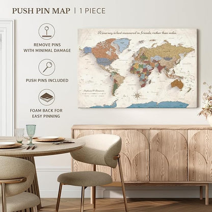 ElephantStock - Personalized Journey V Push Pin World Map Wall Art - Horizontal Canvas Wall Art - Living Room Wall Decor - Digital Art Map Canvas Art - Beige And Orange Decor - 12" x 8"