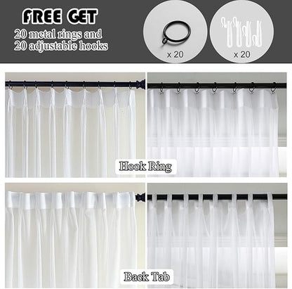 White Sheer Curtains 102 Inch Long 2 Panels Custom, Thin Textured Linen Look Window Sheers, Pinch Pleated Drapes for Living Room, Sliding Glass Door Curtain with Rings & Hooks & Back Tab