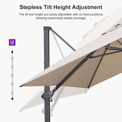 PURPLE LEAF 10' × 10' Patio Cantilever Umbrella with Base Outdoor Square Adjustable Offset Umbrellas with 360-degree Rotation and 8 Heavy Duty Metal Ribs for Garden Deck Pool Beige