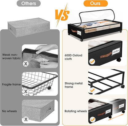 Under Bed Storage with Wheels 1Pack Storage Containers with Clear Window&Label Under Bed Drawers Rolling Under Bed Storage for Clothes,Shoes, Blankets (30.71 x 16.93 x 6.69 in, Black)