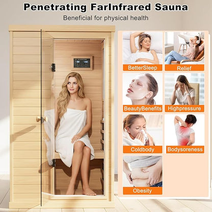 1 Person Infrared Sauna for Home, 1050W Low EMF Indoor Sauna Spa, Canadian Hemlock Home Sauna with Control Panel and Rapid Heating, Bluetooth Speaker, Right Side