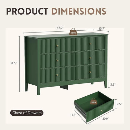 Green Dresser for Bedroom, 6 Drawers Fluted Chest of Drawers with Storage, Modern Wide Storage Dresser with Paint Design, Wood Drawer Organizer Green Dressers for Hallway, Entryway