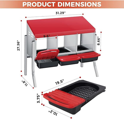 Heavy Duty 3-Compartment Chicken Nesting Box – Rollaway Egg Collection, Removable Galvanized Steel Tray, Perch, Lid, Metal Legs, Wall Mount or Freestanding, Hen Laying Box – Red, Three Grids