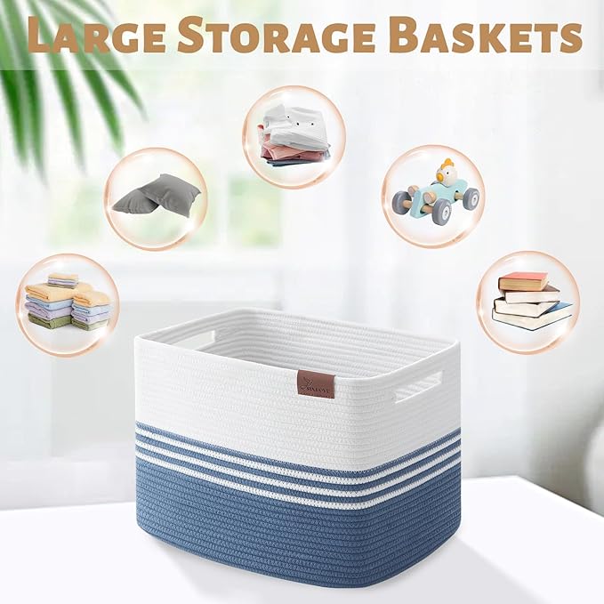Storage Baskets, 42L*2 Pack Storage Baskets for Organizing, Laundry Basket for Closet, Cotton Rope Blanket Basket for Storage, Toy Storage Basket for Living Room, Laundry Room, Bedroom-Navy