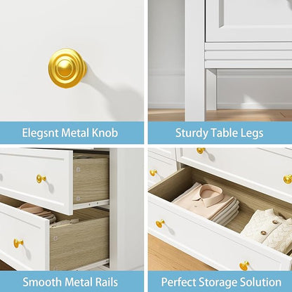CARPETNAL White Dresser for Bedroom, 55 Inch 6 Drawer Dresser with Wide Drawer and Gold Handles, Woode Dressers & Chests of Drawers for Hallway, Entryway.