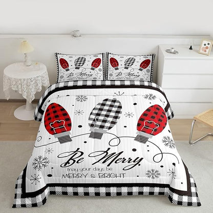 Merry Christmas Kids Comforter Set King Size,Geometric Grids Stylish Bedding,Girls Boys Adults Bedroom/Xmas Cabin Decor,Snowflake Bells Down Comforter,Rustic Farmhouse Duvet Insert,2 Pillowcases