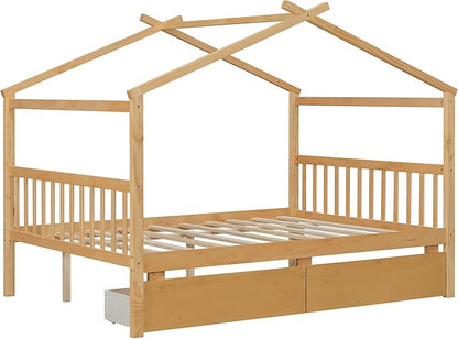 Merax Full Size Wooden House Bed with Two Drawers, Wood Bed Frame with Roof for Kids, Teens, Boys or Girls, Natural