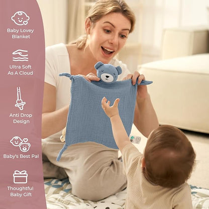 Momcozy Bear Loveys for Babies with Cotton - Soft Security Blanket for Boy or Girl for Self-Soothing On-The-Go-Portable & Anti-Drop Design - Newborn Gift，Must Have（Blue 14 inch）