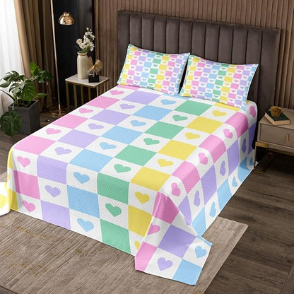 Manfei Cute Love Heart Kids Bedspread Twin Size,Colorful Geometric Plaids Grids Squares Coverlet Set,Girls Women Room Decor,Couple Valentine's Day Quilted Coverlet,Chic Bedding Quilt,1 Pillowcase