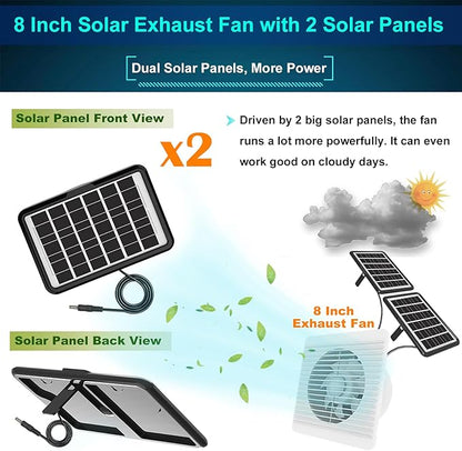 8 Inch Solar Powered Exhaust Fan, with 25W14ft Cable Dual Solar Panels, Working on Cloudy Days, Quiet Solar Fan for Ventilation&Air Circulation Cooling in Greenhouse, Pet House, Chicken Coop, Garage