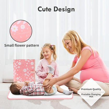 Portable Diaper Changing Pad for Baby - Waterproof Compact Changing Mat with Wrist Strap - Wipeable Travel Changing Pad for Diaper Bag - Gifts for Baby Shower by PHOEBUS BABY(Pink Flowers)