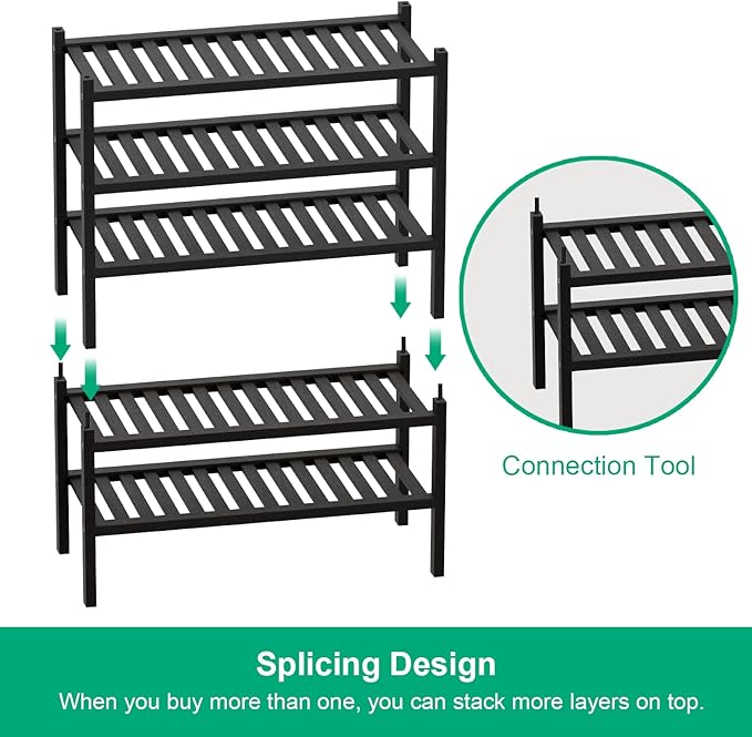 Shoe Rack 2-Tier Organizer-Stackable Storage Shelf with Multi-Function Combinations-Free Standing Bamboo Shoe Racks for Closet,Entryway,Hallway,Bathroom,Living Room Shoe Organization (Black, 2-Tier)