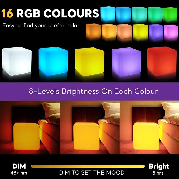 16-inch LED Cube Light, Rechargeable Cube Light Table w/Remote, 16 Colors