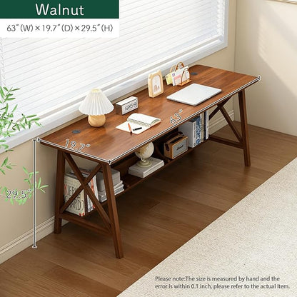 Extra Long Desk with Bookshelf - Wooden Home Office Work Study Table, 2-Person Writing Computer Workstation with Storage Shelf in Walnut, 63" Wx20 Dx30 H